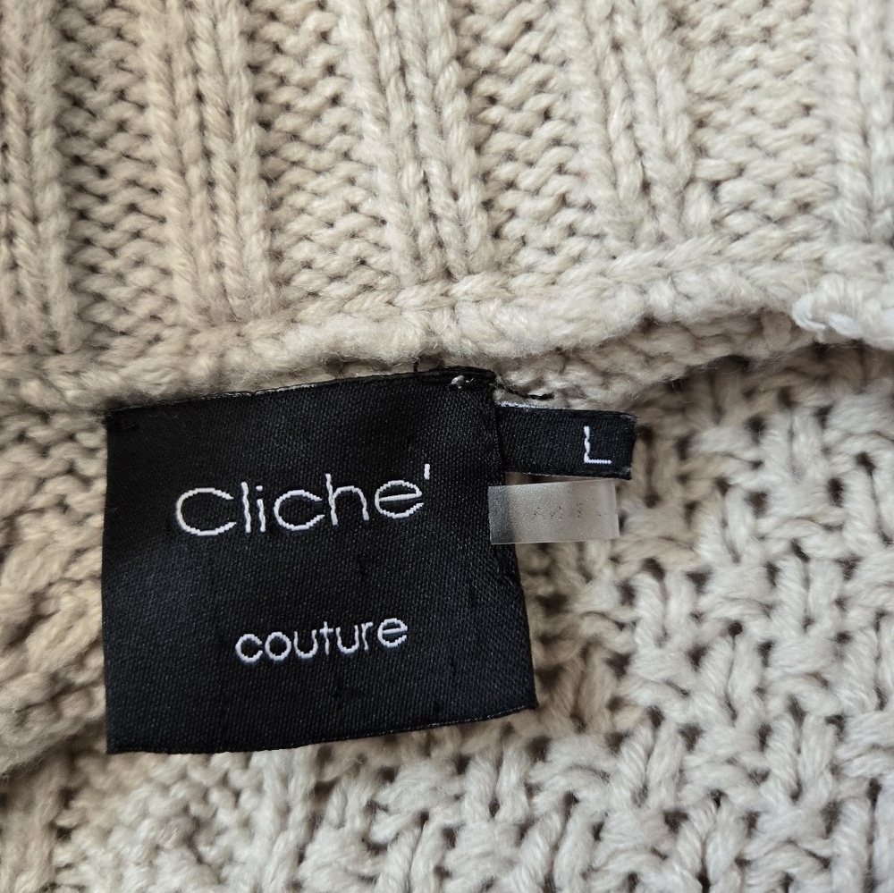 CLICHÉ COUTURE Shawl Neck Cream Cable Knit Sleeveless Wool Sweater Size Large - Picture 11 of 12